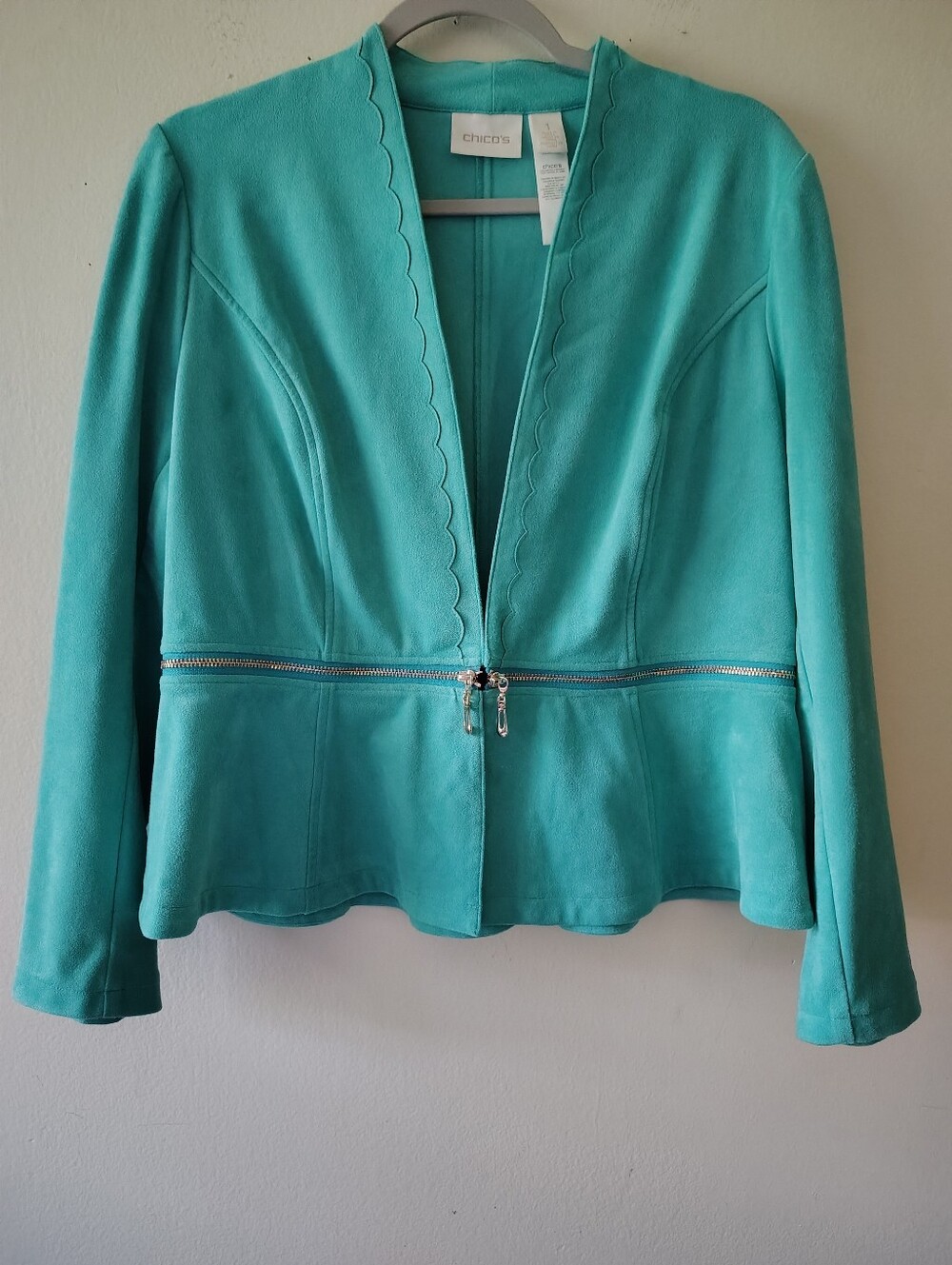 Chico's Teal Faux Suede Peplum Jacket Medium Zip Western